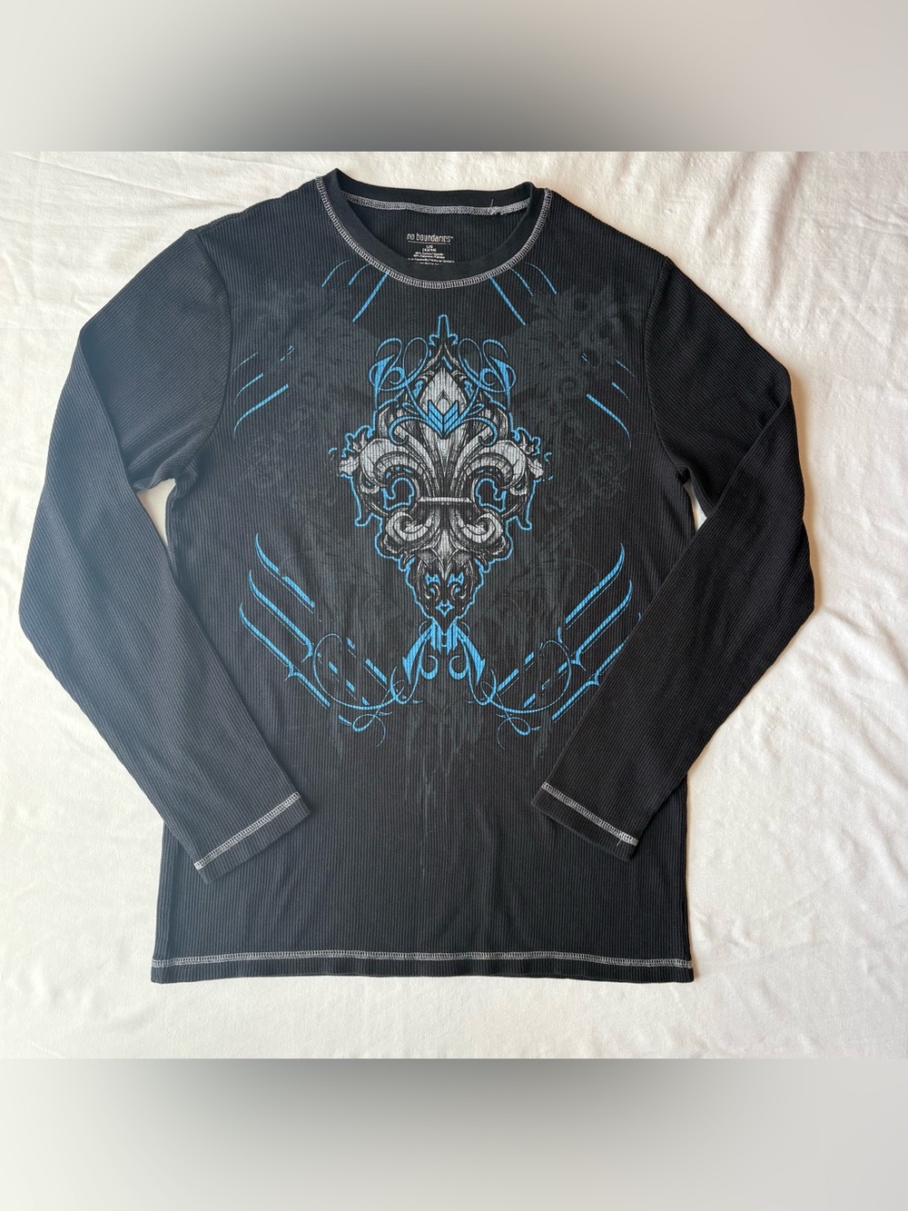 Vintage No Boundaries Y2K Fleur-de-Lis Thermal Shirt Black Blue Cyber Grunge L